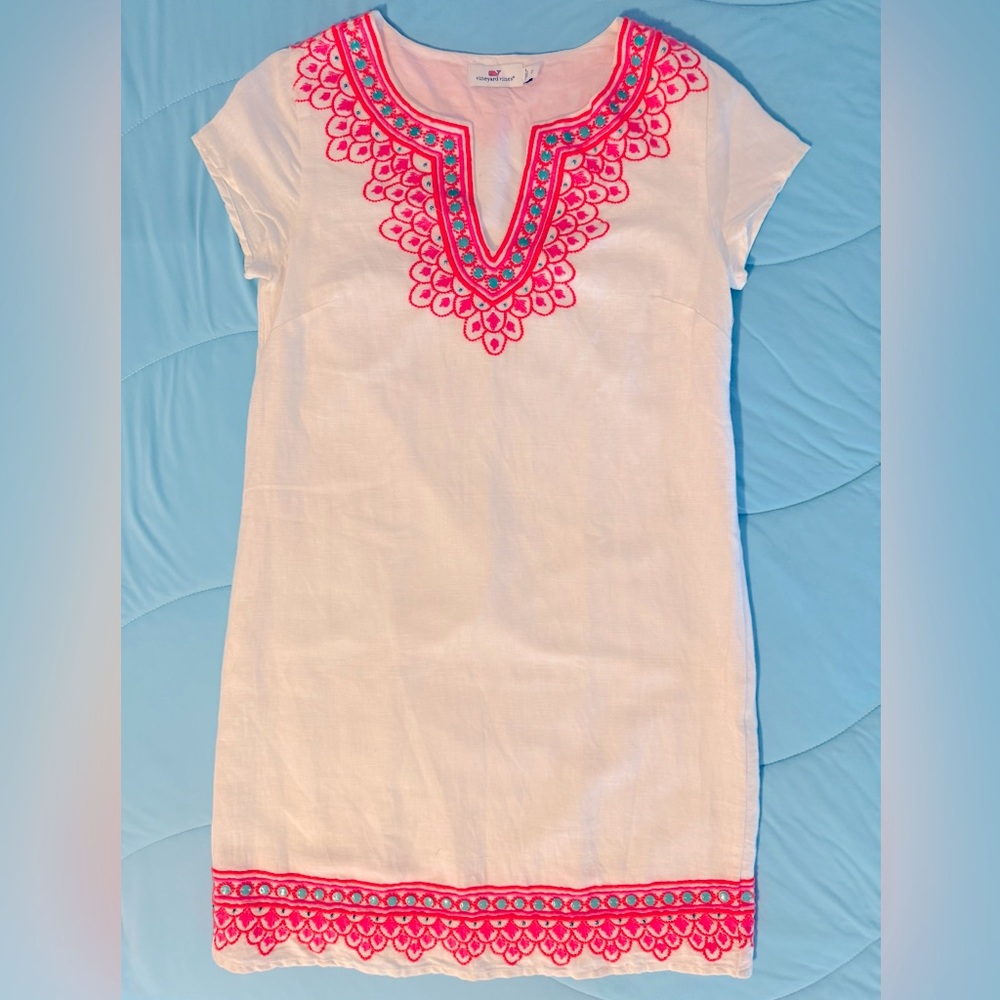 Vineyard Vines White Linen Dress with Pink and Green Accents